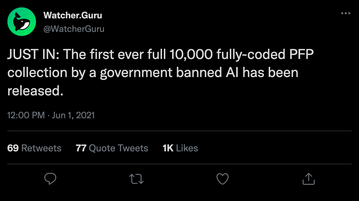 Watcher.Guru: JUST IN — the first ever full 10,000 fully-coded PFP collection by a government banned AI has been released.