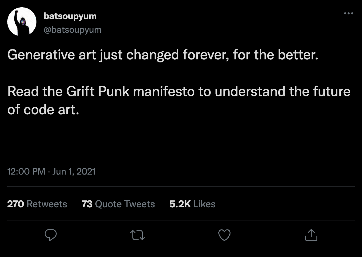 batsoupyum: Generative art just changed forever, for the better. Read the Grift Punk manifesto to understand the future of code art.
